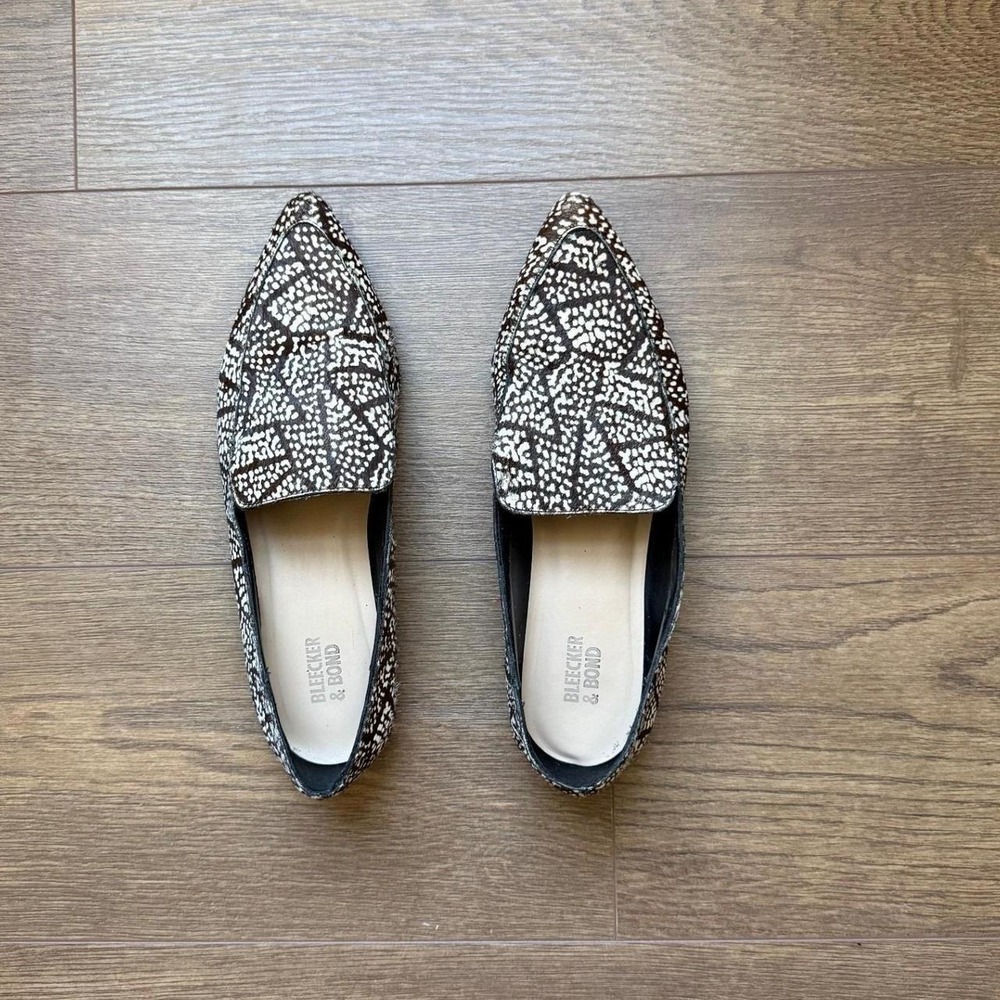 Bleecker & Bond Womens Brown White Animal Print Calf Hair Pointed Toe Loafers 9